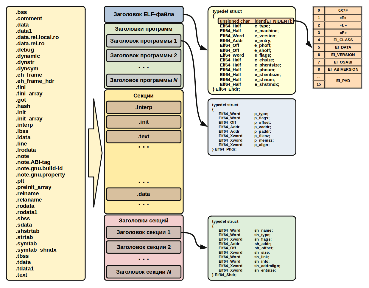 Общая структура 64-разрядного ELF-файла