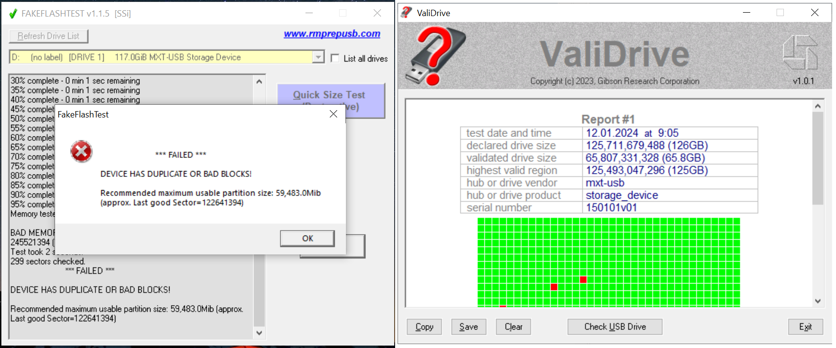 Вот так видят карту Microdrive 128 ГБ утилиты FakeFlashTest и ValiDrive