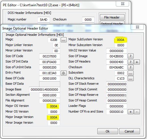 А поля major/minor версий в Image Optional-заголовке будет править сам пользователь (PETools) или пусть сам обращается к автору вируса для его перекомпиляции под Windows 7. Для справки: 000A - это число 10 в десятичной системе счисления (для Windows 7 нужна цифра 5 или 6).