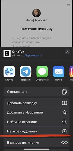 В Safari в меню Поделиться есть пункт “На экран Домой», который установит PWA на домашний экран. В Chrome на Android в контекстном меню есть пункт «Установить приложение»