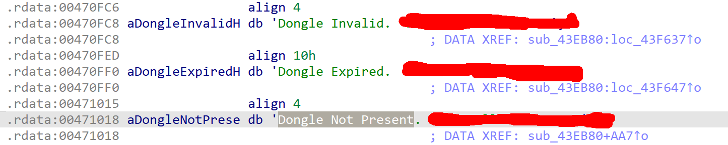 Текст "Dongle not present" в дизассемблере exe файла
