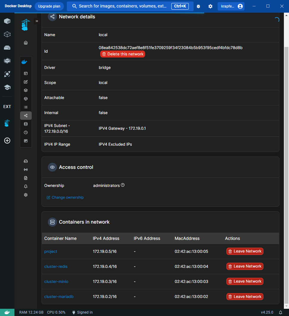 Рис. 8. Детали сети local в расширении Portainer для Docker Desktop