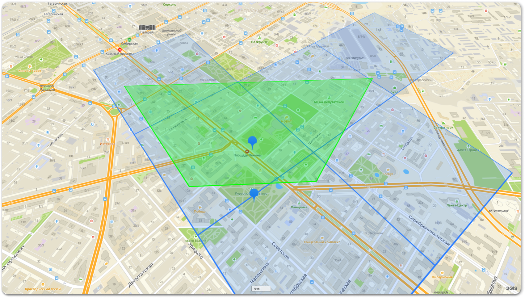 Зелёная трапеция — видимая область. Синие квадраты — тайлы, которые нужно показать. Здесь размер тайла — 1,2 км²