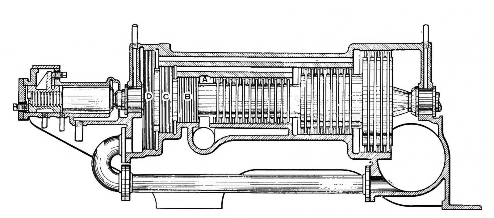 Вид в разрезе полностью разработанной турбины типа Parsons. Пар поступает слева (A) и проходит через роторы справа. Из книги Ripper, Heat Engines, 241.