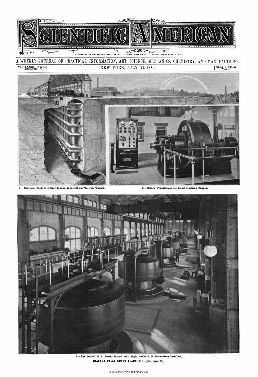 Обложка номера журнала Scientific American от 22 июля 1899 года с несколькими видами первой электростанции компании Niagara Falls Power Company и её турбогенераторов мощностью пять тысяч лошадиных сил.