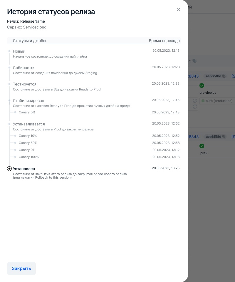 Модальное окно истории статусов релиза в REpublic