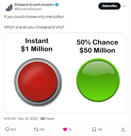 Какую кнопку бы вы выбрали? Нажатие на красную даёт вам миллион долларов, а на зелёную — 50% шанс получить $50 миллионов