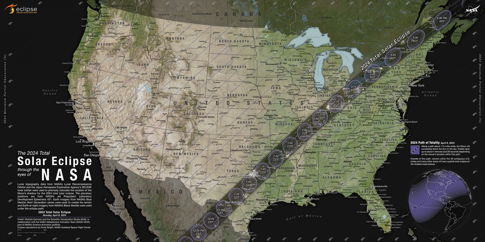 Прохождение полосы полной фазы полного солнечного затмения 8 апреля 2024 года по территории Мексики, США и Канады  