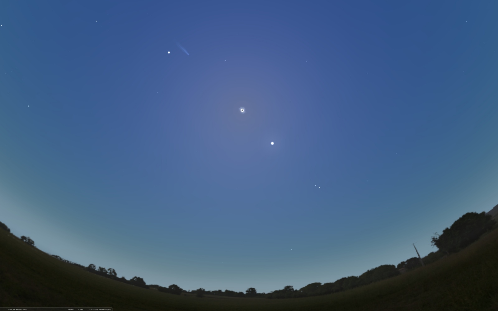 Наискосок - сверху вниз, и слева направо: Юпитер, комета Понса-Брукса, Солнце затменное Луной, Венера, Сатурн, Марс. Внизу у горизонта Фомальгаут