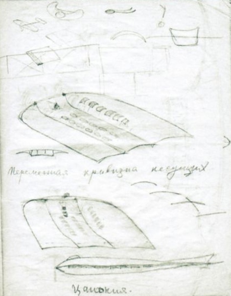 Наброски «Виталии» в тетради Черановского. Судя по надписи «переменная кривизна несущих [профилей]» и иллюстрации к ней, конструктор предполагал обеспечивать продольную устойчивость методом, сейчас известным как отрицательная аэродинамическая крутка крыла. Проект во многих источниках называют по подписи снизу — «Цанония». Zanonia macrocarpa, она же яванский огурец — это растение из семейства тыквенных, чьи крупные семена способны далеко и устойчиво планировать. Самолёт в форме семени занонии набросан в самом верху листа — рогалик такой, совсем не похожий на то, что нарисовано дальше