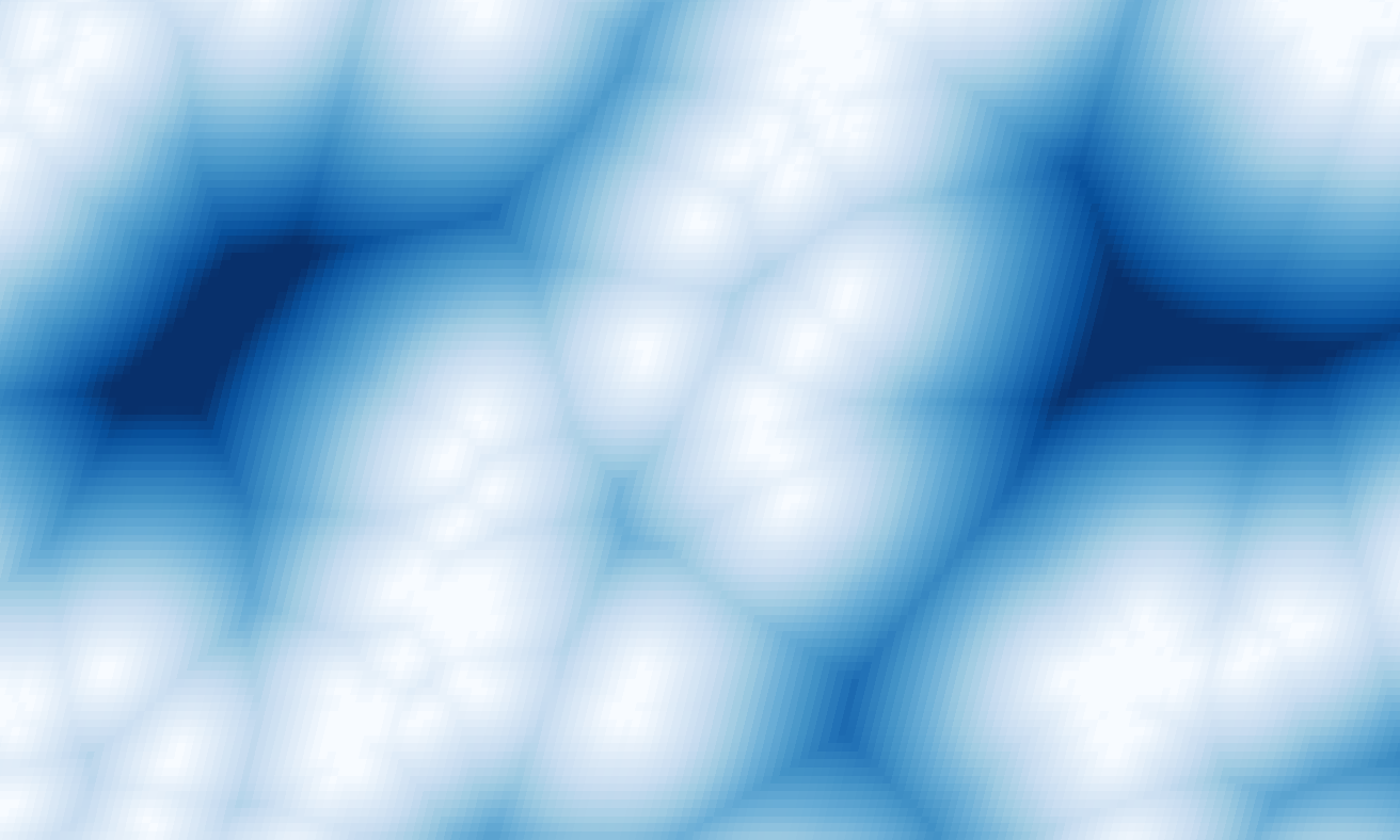 Растр удаленности от населенных пунктов. В каждой ячейке - количество метров до ближайшего населенного пункта (данные о границах населенных пунктов - Natural Earth Data)