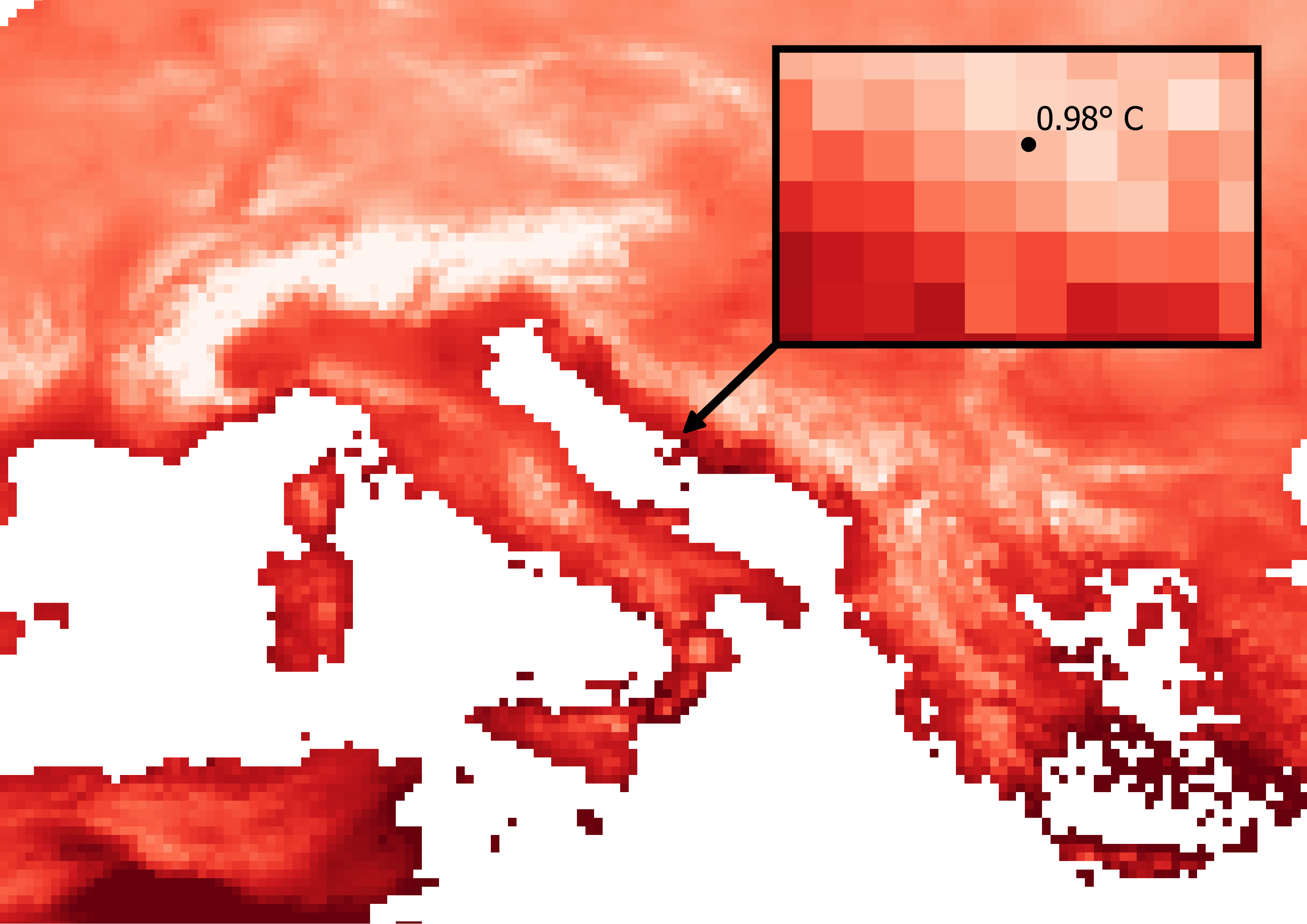 Обратившись к точечной координате на этом растре средних минимальных температур апреля, мы попали в пиксель со значением 0.98 градусов цельсия. Данные: WorldClim