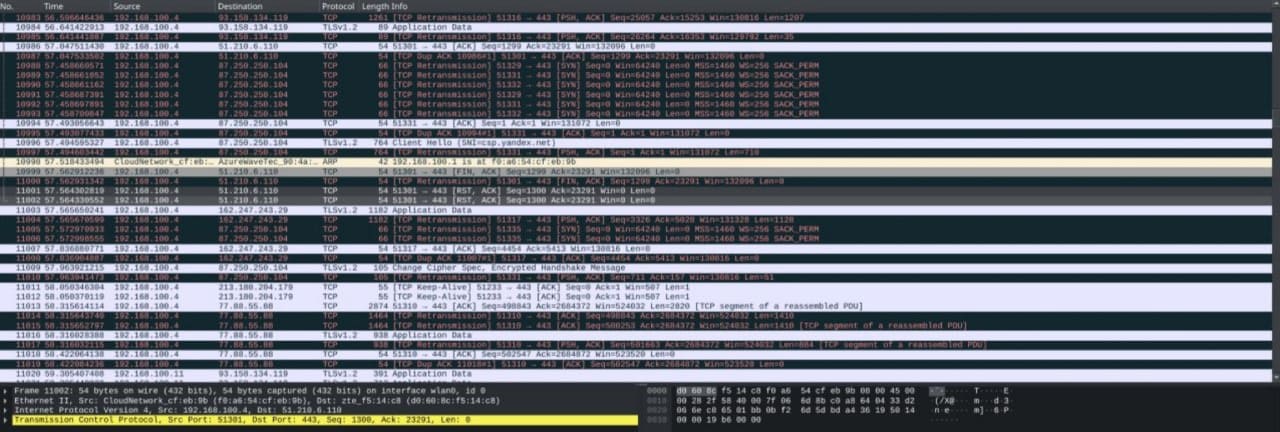 Рисунок 1.2 Анализ трафика через утилиту Wireshark    