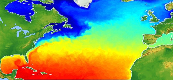 Изображение Гольфстрима на тепловом снимке со спутника. Источник: https://habr.com/ru/articles/379909/ Изображение Гольфстрима на тепловом снимке со спутника. Источник: https://habr.com/ru/articles/379909/