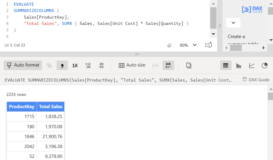 Простейший дашборд Table View на основе DAX запроса из dax.do