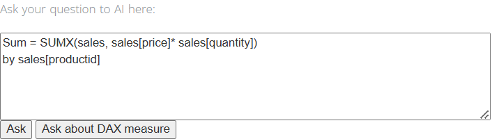 Всё, что нужно от пользователя для построения дашборда в AI Powered DAX движке — ввод меры и комментариев к её построению