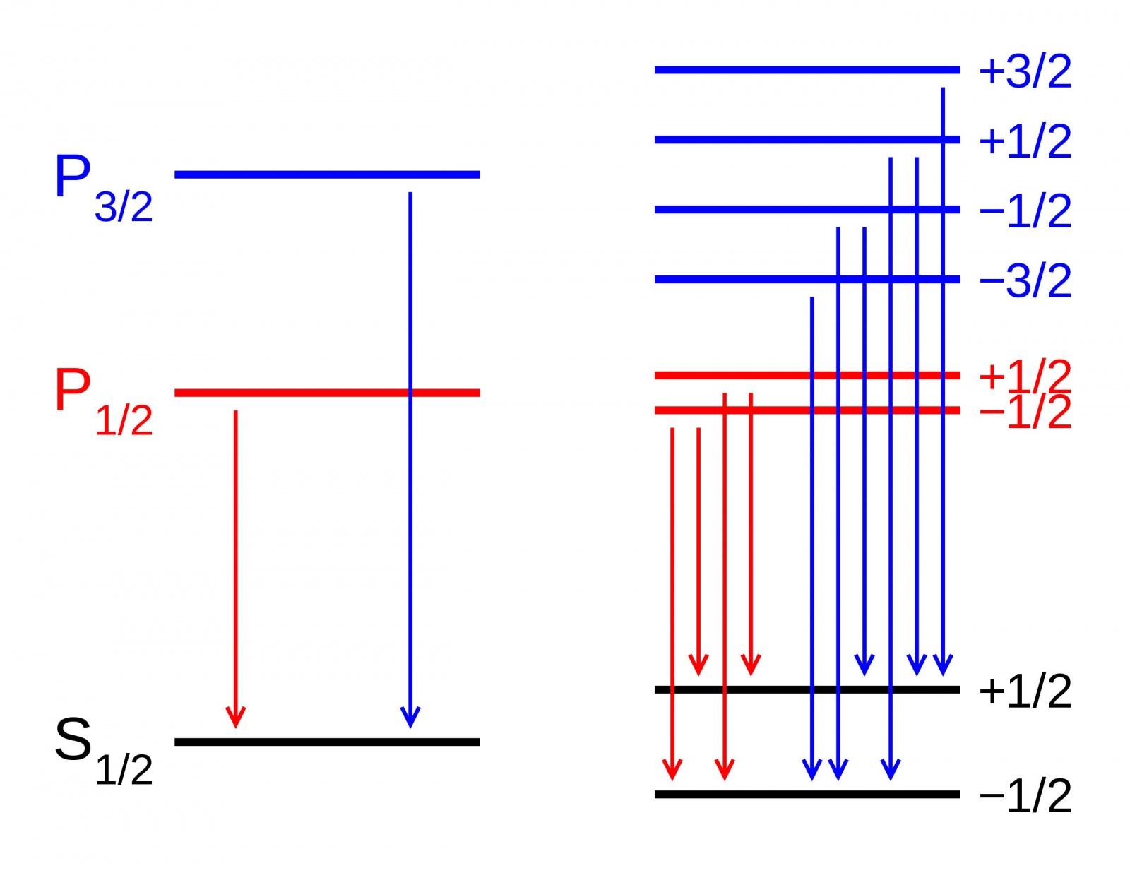В отсутствие магнитного поля энергетические уровни различных состояний внутри атомной орбитали идентичны (L). Однако если приложить магнитное поле (R), состояния расщепляются в соответствии с эффектом Зеемана. Здесь мы видим зеемановское расщепление дублетного перехода P-S. Другие типы расщепления происходят из-за спин-орбитальных взаимодействий, релятивистских эффектов и взаимодействий с ядерным спином, что порождает к тонкую и гипертонкую структуру вещества.
