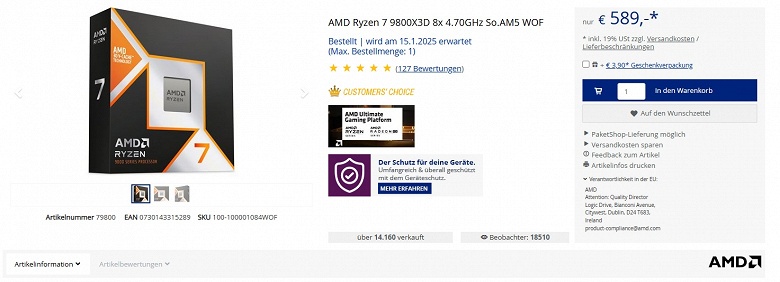 Спрос на Ryzen 7 9800X3D продолжает быть безумным. Сеть Mindfactory продала 8700 штук всего за один день - 1 Спрос на Ryzen 7 9800X3D продолжает быть безумным. Сеть Mindfactory продала 8700 штук всего за один день