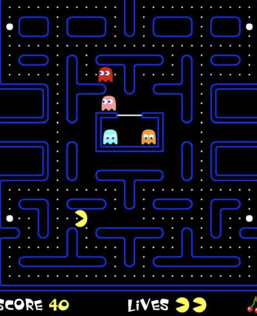 Pac-man. Одна из самых любимых игр old-геймеров. Стала культурным феноменом, породив популярный телевизионный мультфильм, хлопья и множество товаров. Цель игры — провести жёлтого «колобка», который выглядит как пицца без ломтика, через множество уровней, поедая гранулы и побеждая невидимых призраков, пытаясь остаться в живых. Игра заканчивается, когда все 3 жизни потеряны.