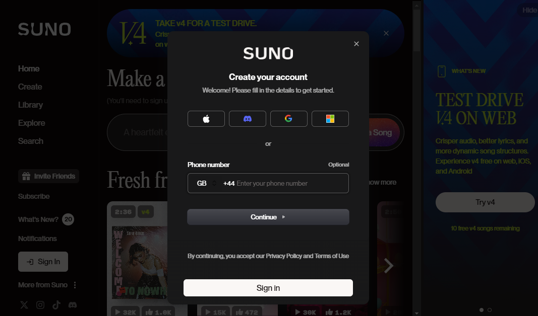 Экран регистрации и входа в Suno