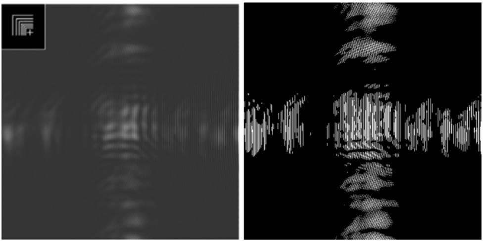 Рис. 7. Пример синтезированной голограмм в тоновом и бинарном виде
