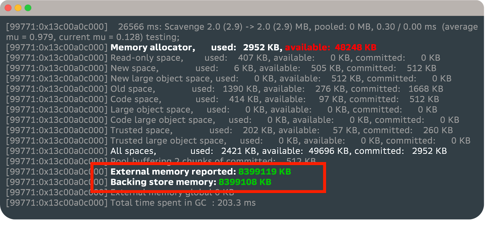 Пример вывода журнала Minor GC с 8 ГБ External Memory и лимитом Кучи в 50 МБ