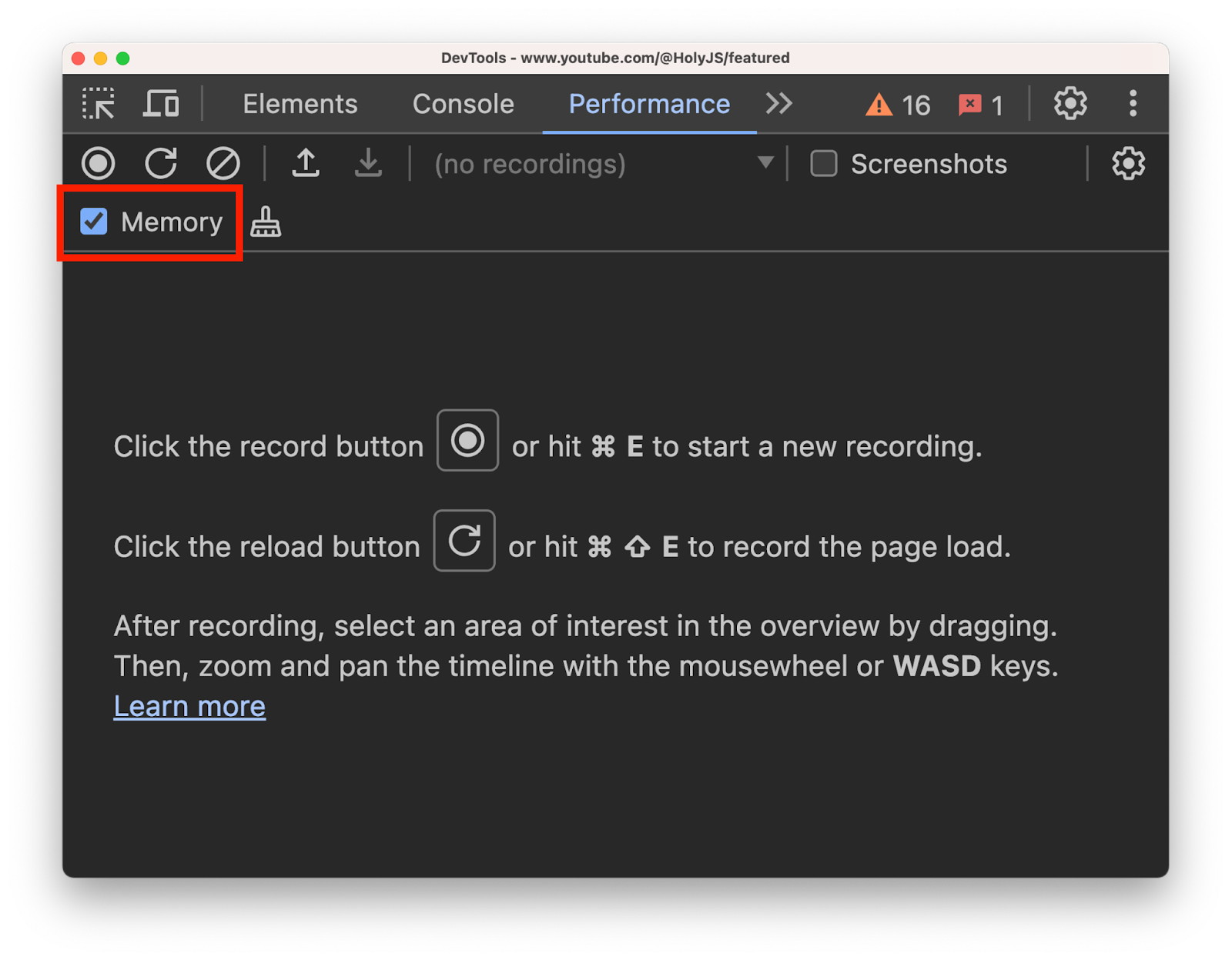Измерение потребляемой памяти во вкладке Performance