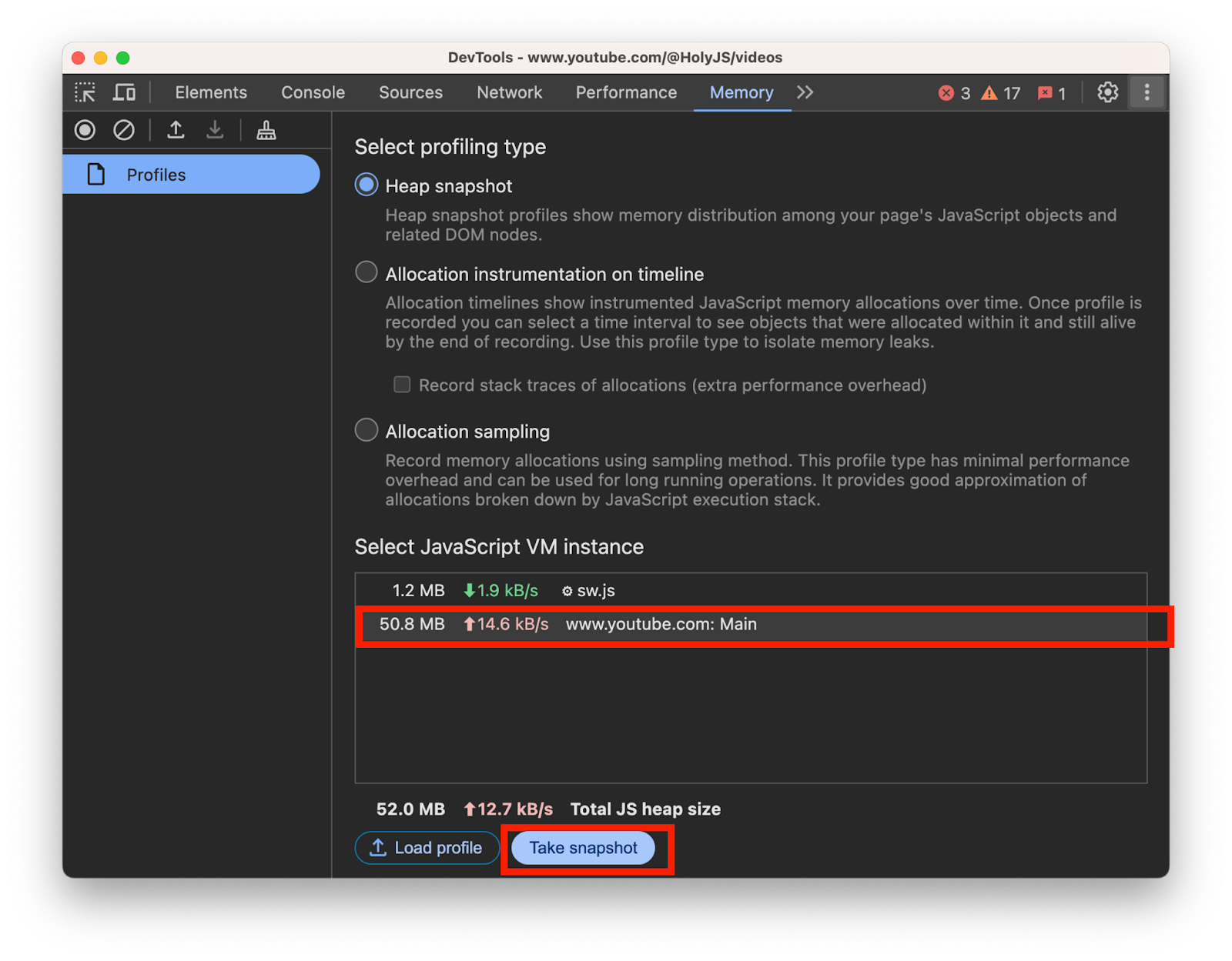 Снимаем Heap Snapshot во вкладке Memory