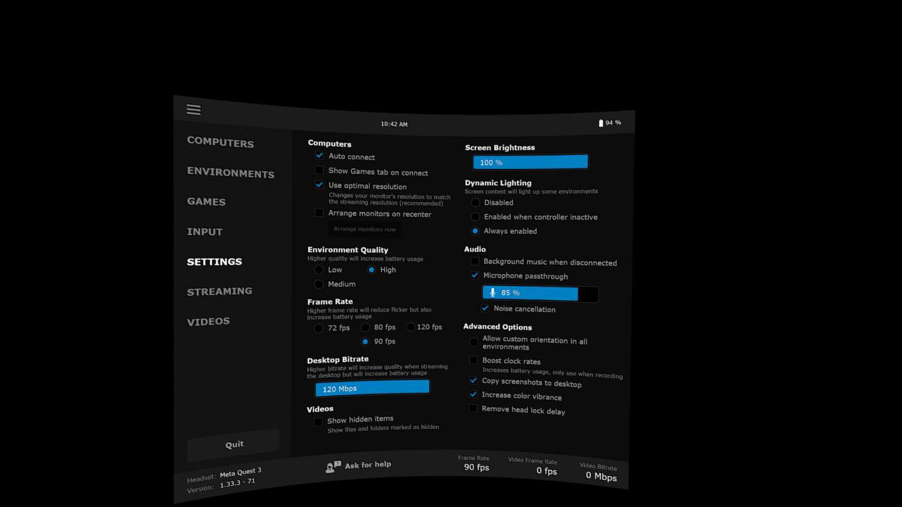 Так выглядят настройки для Virtual Desktop