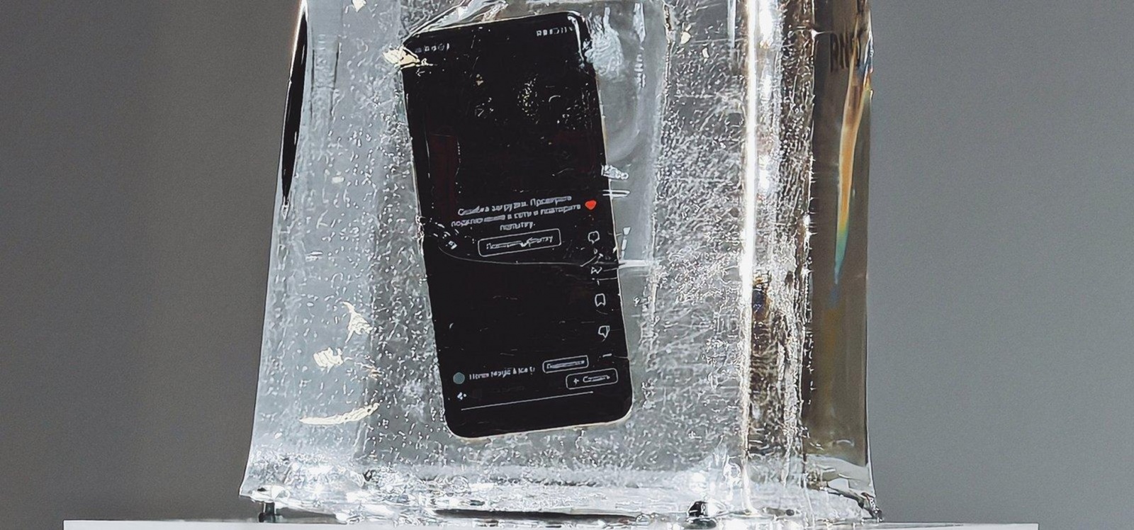 Замороженный в куске льда гаджет в ходе проверочного теста. Источник