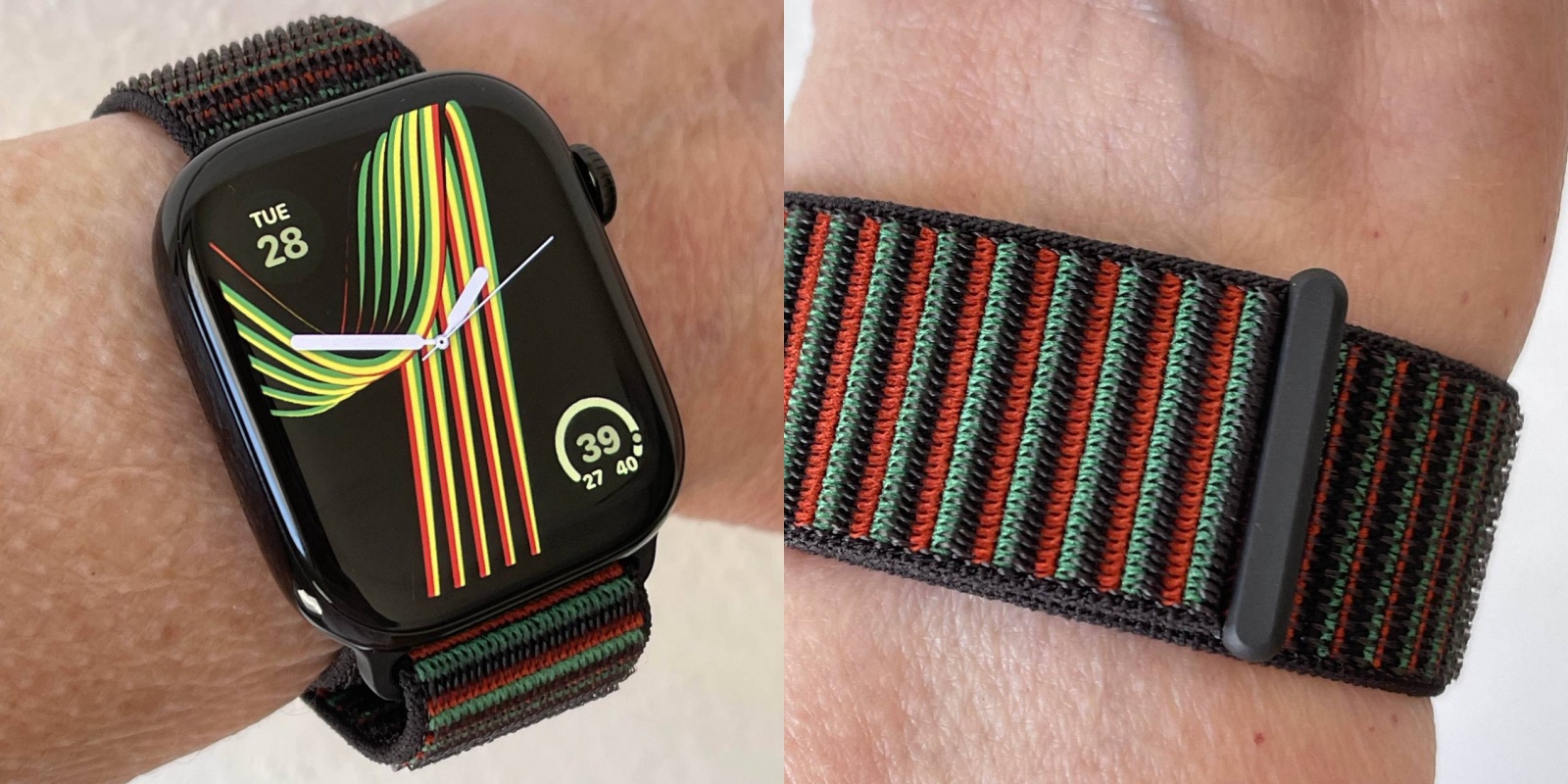 Мягкий и легкий нейлоновый спортивный ремешок Unity Rhythm сочетает цвета панафриканского флага в индивидуальном узоре, создавая яркий линзовидный эффект – когда вы двигаете запястьем, каждая зеленая петля как по волшебству переливается в красную, с промежуточным желтым цветом на переходе.