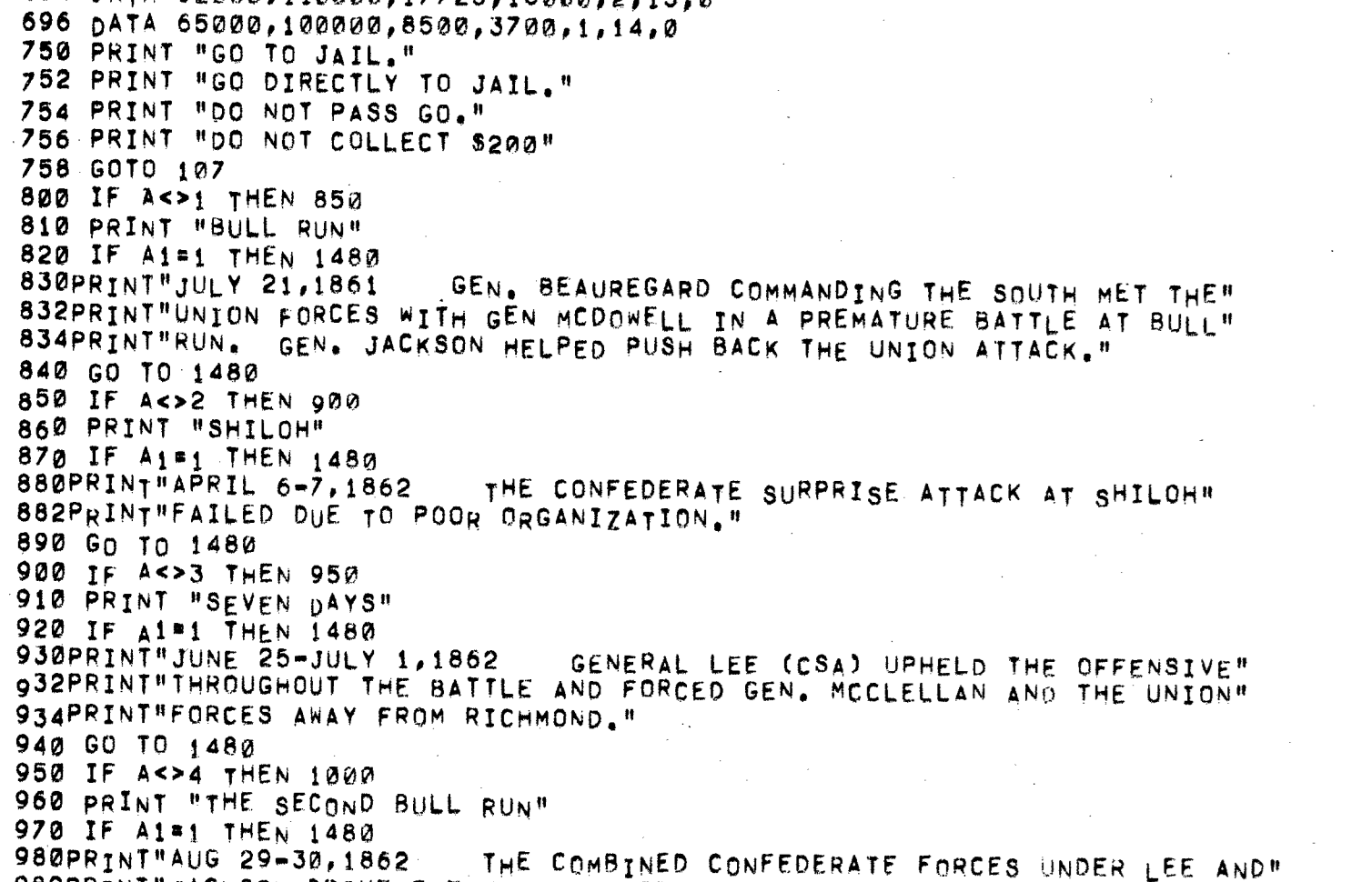  Часть кода игры Civil War, симулятора, созданного учениками средней школы в Лексингтоне, штат Массачусетс, в 1968 году и включённого в книгу Аля «101 компьютерная игра на BASIC». Чтобы ввести нечто подобное в собственный компьютер, требовалось огромное терпение. [Ahl, 101 Basic Computer Games, 81].