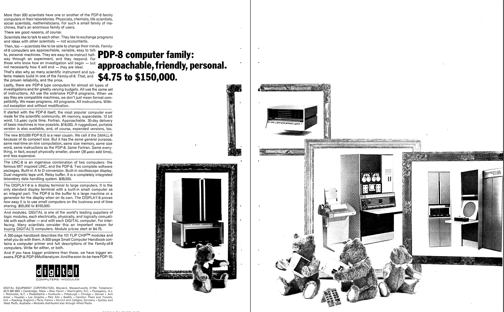  Реклама 1966 года, изображающая различные модели PDP-8 в сопоставлении с плюшевыми медвежатами. [Datamation, октябрь 1966 г.]. 