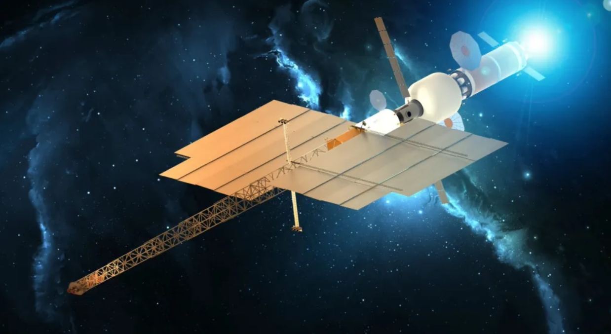 Модульная сборка радиаторов для ядерных электроракет, или MARVL, призвана разделить критически важный элемент ядерной электроракеты — систему теплоотвода — на более мелкие компоненты, которые можно будет собирать в космосе роботизированно и автономно. На рисунке художник изобразил, как может выглядеть полностью собранная система.