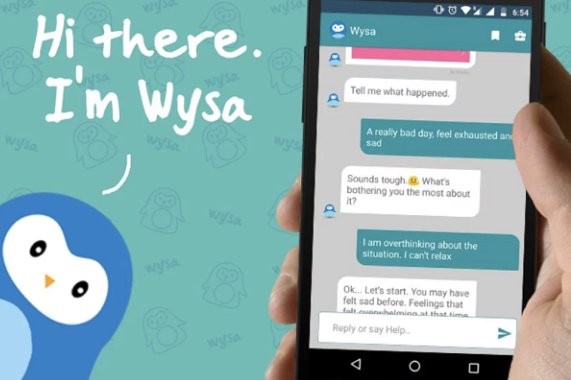 Wysa – дружелюбный пингвин-бот, сочетающий техники майндфулнесс и КПТ, помогающий справляться со стрессом и тревогой.