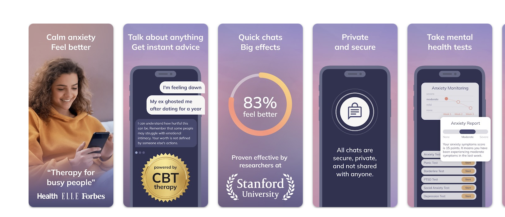 Youper – AI-приложение, дающее советы на основе КПТ и ведущее статистику настроения, предлагая обратиться к специалисту при ухудшении состояния.