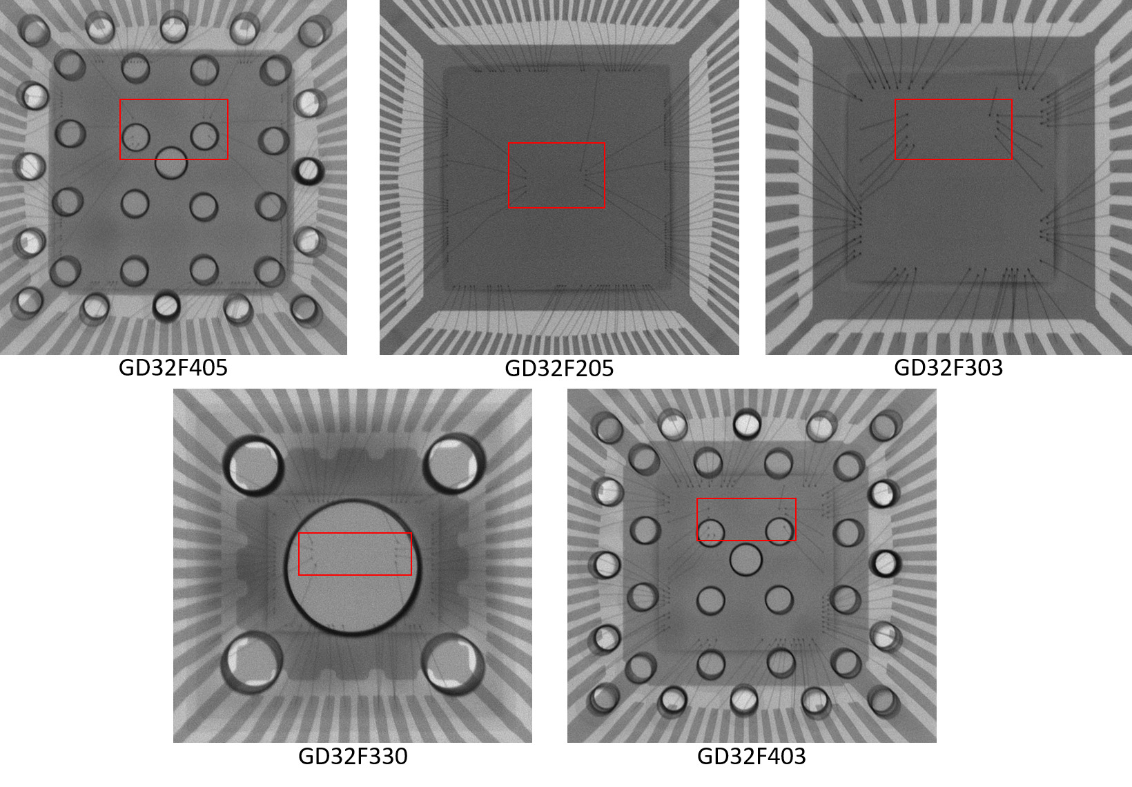 Рентгеновские снимки микроконтроллеров семейств F. Прямоугольниками выделены места соединения с QSPI флеш-памятью