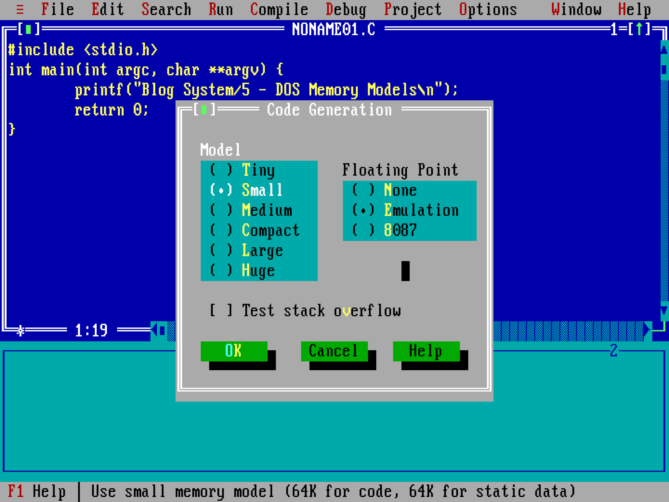 Меню генерации кода в Borland Turbo C++. Здесь выведен список тех моделей, которые мы рассмотрим в этой статье.