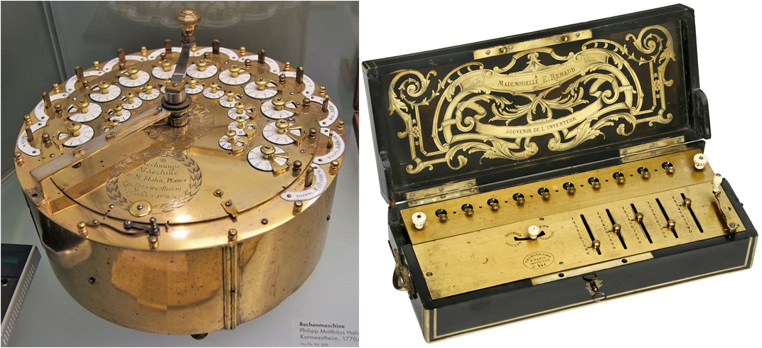 11-ти разрядный калькулятор Гана (Hahn) 1870-е и калькулятор Кольмара 1820-е годы. Обе машины использовали ступенчатые валики Лейбница. Материал из Википедии и сайта https://auction-team.de/
