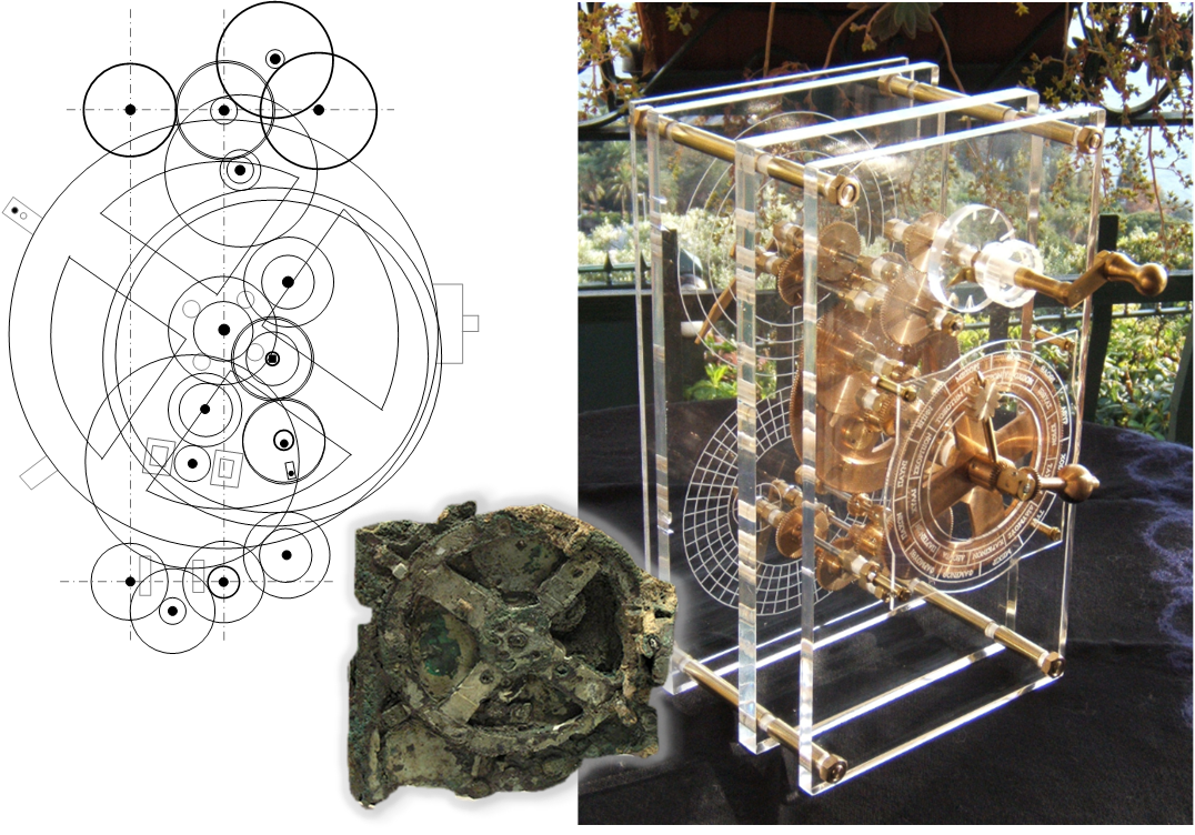 Схема антикитерского механизма, вид оригинала и его возможная модель. Найден в 1900 году около острова Антикитера. Оригинал изготовлен во II веке до нашей эры. Изображения из Википедии Схема антикитерского механизма, вид оригинала и его возможная модель. Найден в 1900 году около острова Антикитера. Оригинал изготовлен во II веке до нашей эры. Изображения из Википедии