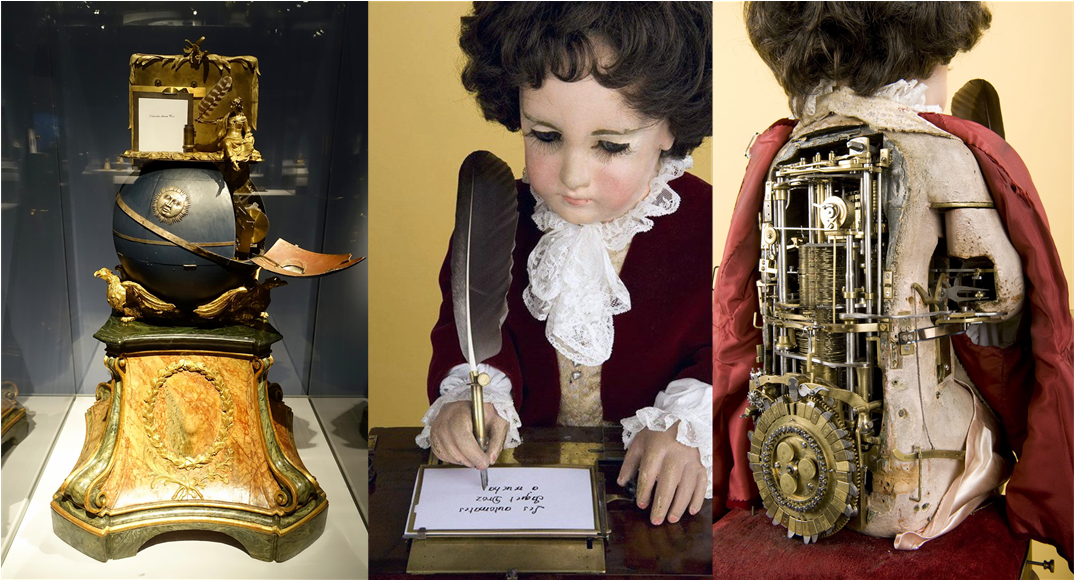 Слева-направо: Автоматон Кнауса (1760). «Каллиграф» Жака Дро состоящий из 6000 деталей (1772) Часовая фирма Jaquet Droz выпускает такие автоматоны до сих пор. Срок ожидания заказа один год. Изображения из Википедии