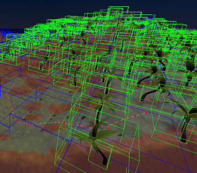 То же самое изображение, с наложенным navmesh. Красным подсвечены непроходимые участки, зеленым - проходимые.