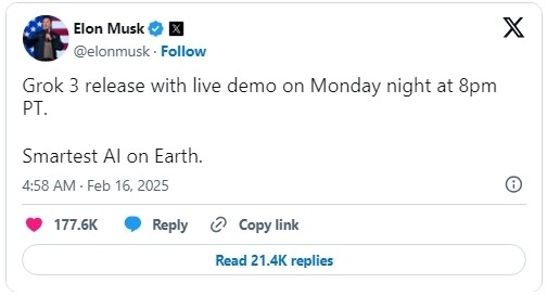 Илон Маск объявил дату выхода Grok-3 и подробности