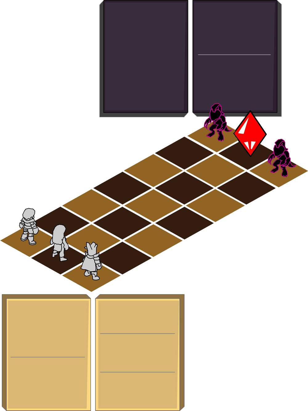 Стартовая расстановка участников на поле боя - воин лучница и маг против тёмного кристалла и его двух монстров.