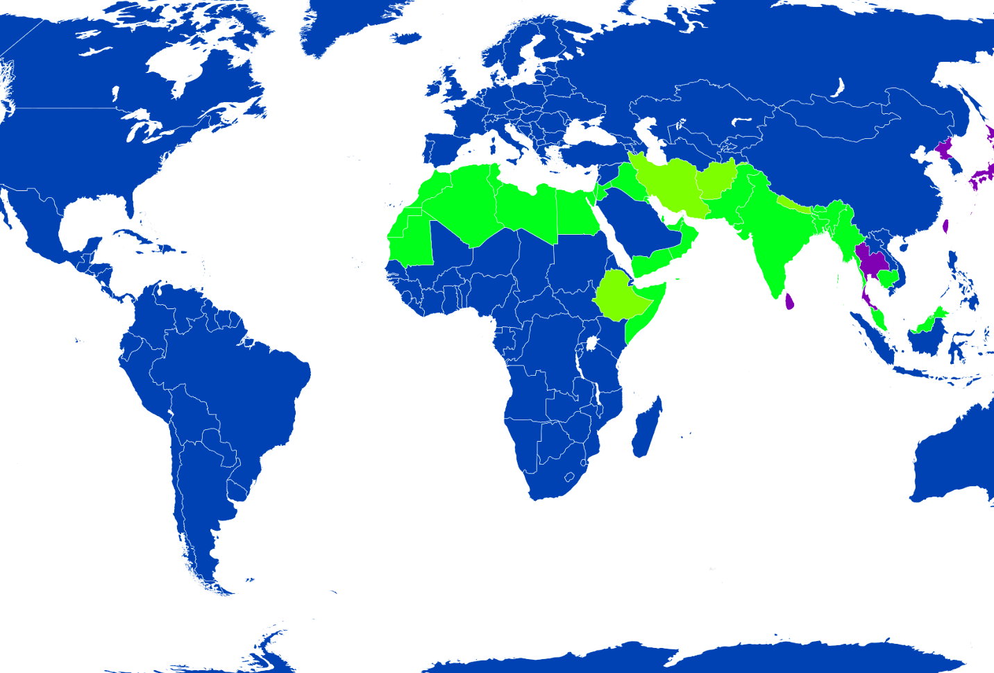 Синим цветом выделены страны с григорианским календарём, а другими цветами там где свои календари