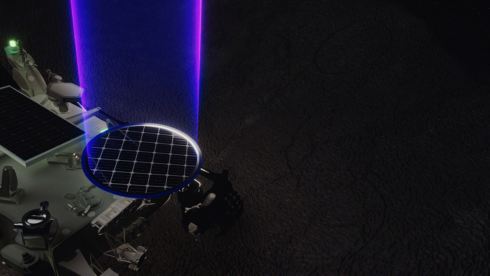  На этой иллюстрации лазерный луч (изображенный в фиолетовых и синих тонах) попадает на один из приемников LightPort компании Volta. В реальной работе инфракрасный лазер будет невидим, поскольку его свет не виден для человеческого глаза. Credit: Volta Space Technologies