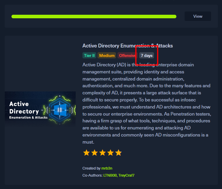 Модуль по Active Directory встретит вас огромным количеством лабораторных работ: по количеству тактик модуль значительно превосходит курс OSCP по Active Directory. За семь дней пройти мне его не удалось