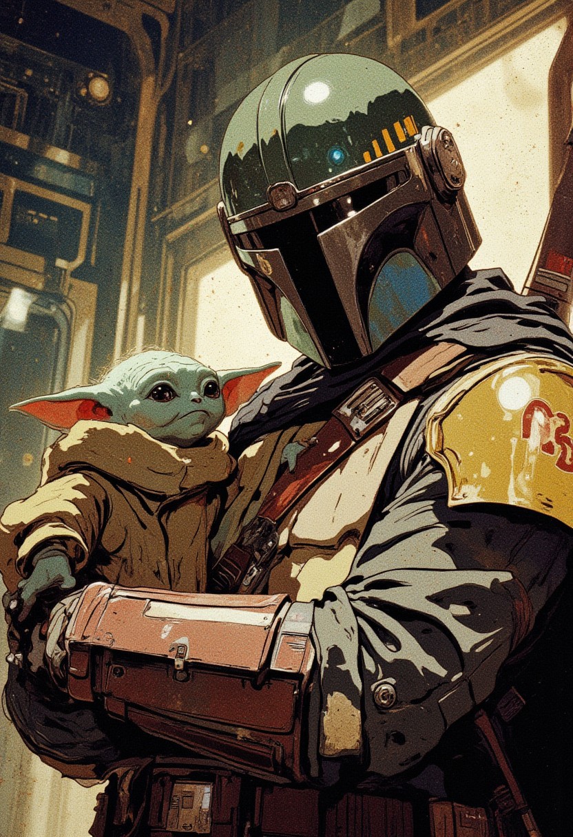 "Mandalorian holding (((detail green baby Yoda))), anime style, vintage film effect, muted colors, grainy texture, cinematic shot, soft lighting, retro aesthetics, warm tones" (SDXL) 