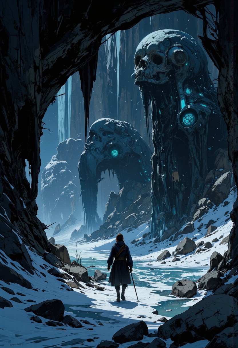 "In the blurry eyes of wafting dreams, earnestly strange, gallivanting through a gorge of minerals blooming like shards of crystals from blackened skeletons, the frostbite sinking skin closer to the bone, this fancy trail jagging the scenic crypts, these mounds hiding away an enigma of the past,  with a fractued core and spilling dune, reawakening the gloom, alien world, ancient ruin. Adding more details" (FLUX)