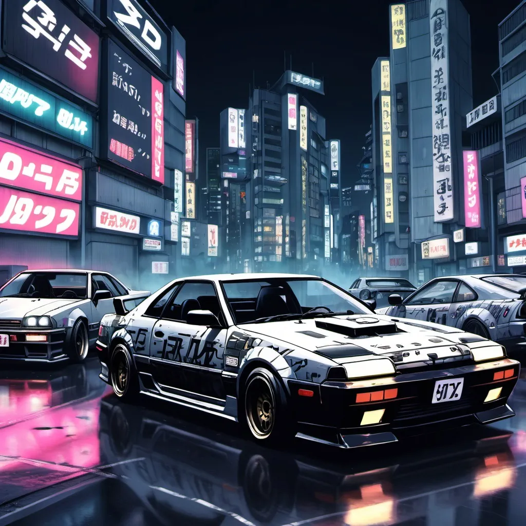 "Anime cyberpunk style, Drifting ,cars initial D , highly detailed, HD, tokyo" (SDXL)  